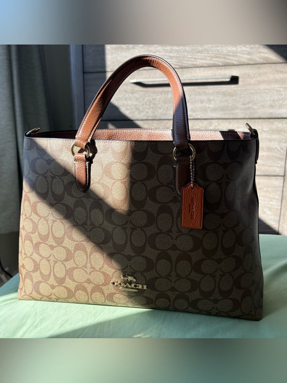 Coach Brown Signature Canvas Shopper Tote with Leather Trim